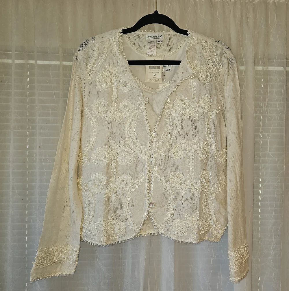 Coldwater Creek Cream Beaded Lace Tank Top with Open-Front Jacket Set